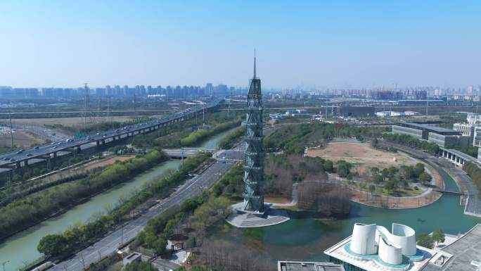4k航拍 上海科技大学 数码塔环绕