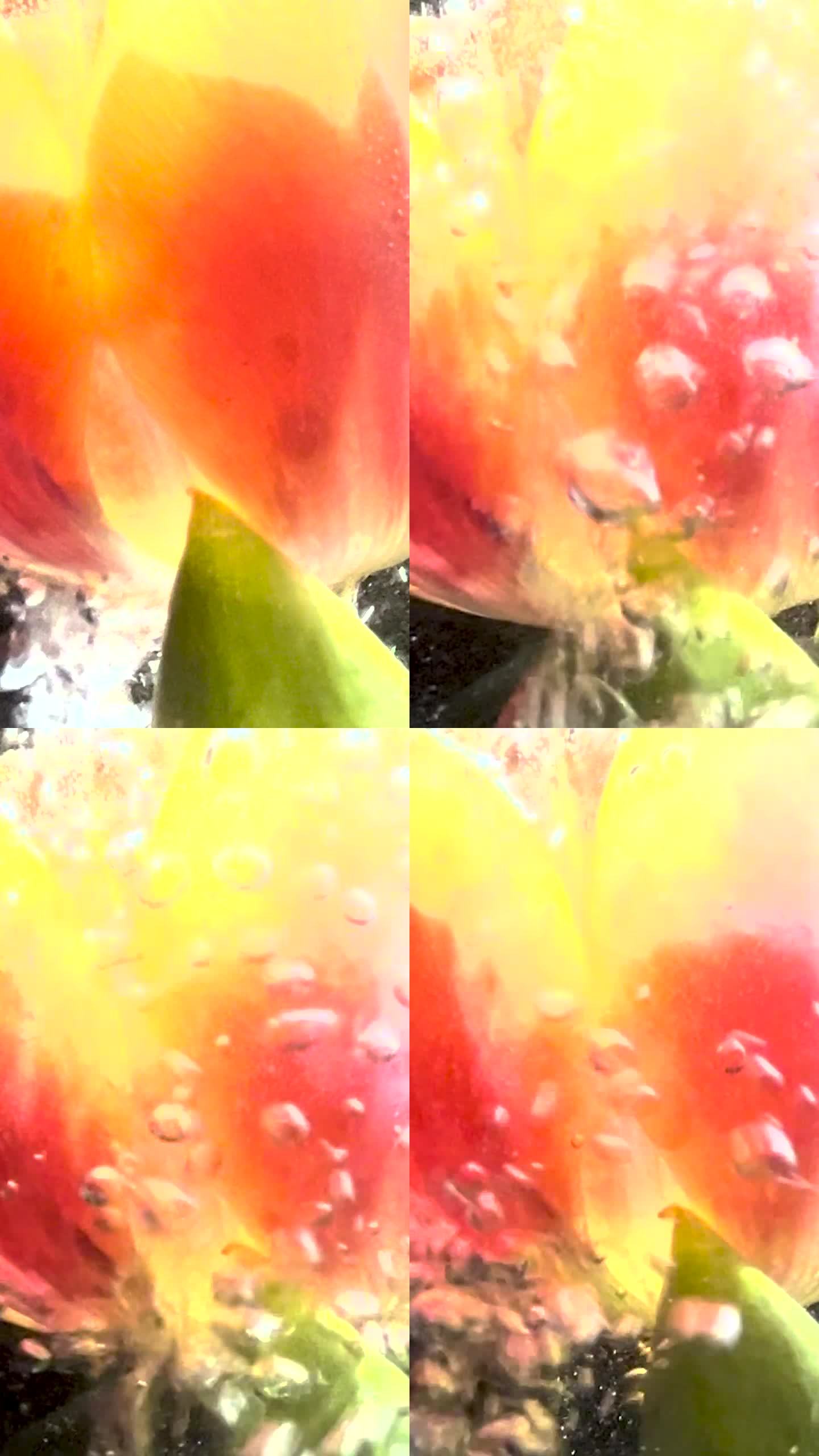 郁金香在水里。背景。缓慢的运动。花瓣上有小泡泡。视频材料。透明的水，里面的泡泡包裹着花