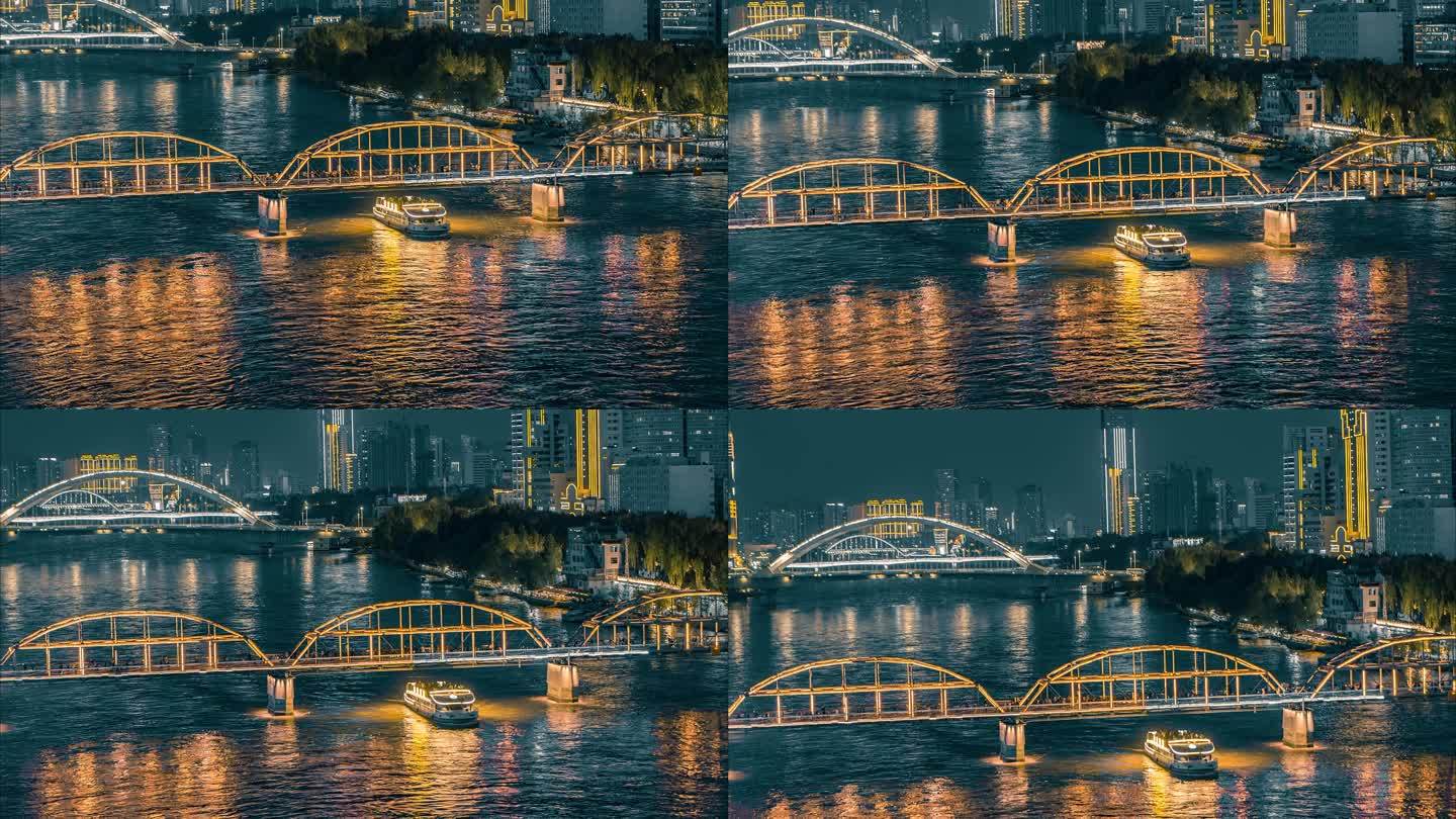 兰州中山桥黄河游船夜景航拍