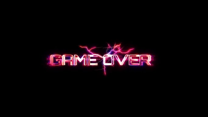 游戏OVER辉光粉红色霓虹灯抽象闪电故障文本动画黑色抽象背景