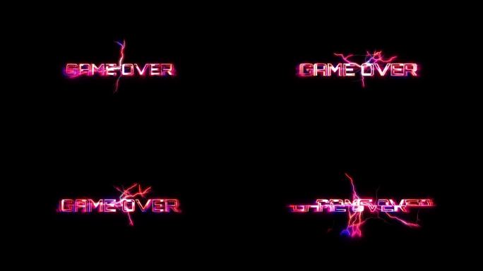 游戏OVER辉光粉红色霓虹灯抽象闪电故障文本动画黑色抽象背景