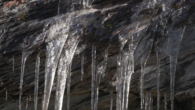 精致的冰柱晶格融化手从黑暗的干枯的岩石。