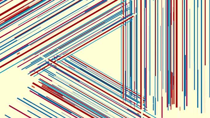 抽象的窄蓝色和红色线条在白色背景上创造三角形轮廓。运动。移动交叉条纹