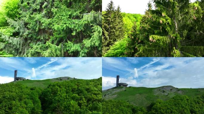 Hadzhi Dimitar石像、Buzludzha纪念碑上的山峰和保加利亚自然景观航拍4K视频
