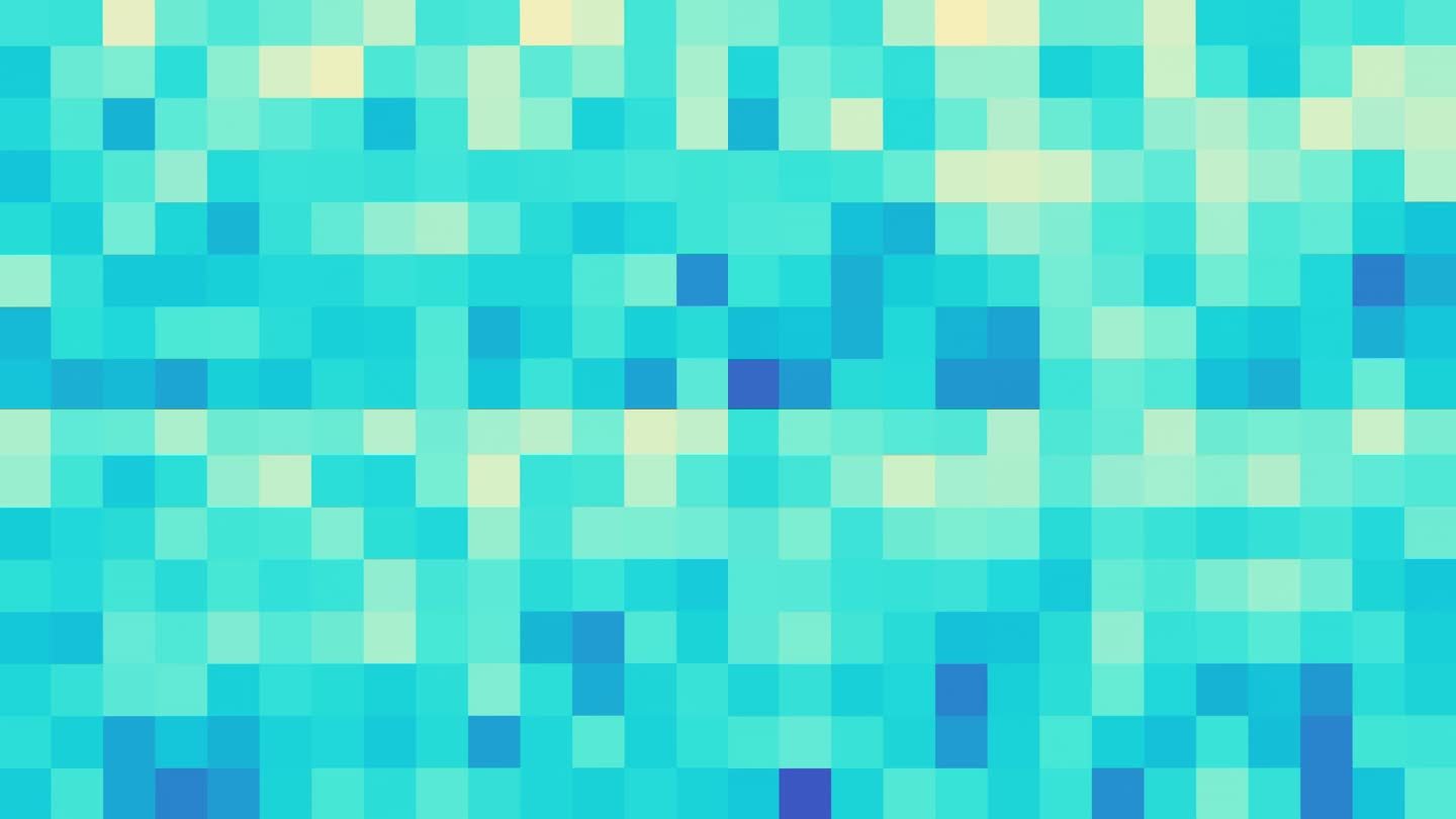 青色几何几何背景。闪烁的抽象像素背景。随机的小方块。循环录像。