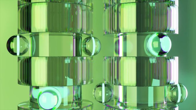 3D动画反射圆柱形结构与霓虹绿色高光，每个摇篮的玻璃球，设置在一个充满活力的绿色背景。