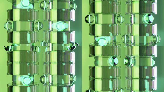 3D动画反射圆柱形结构与霓虹绿色高光，每个摇篮的玻璃球，设置在一个充满活力的绿色背景。