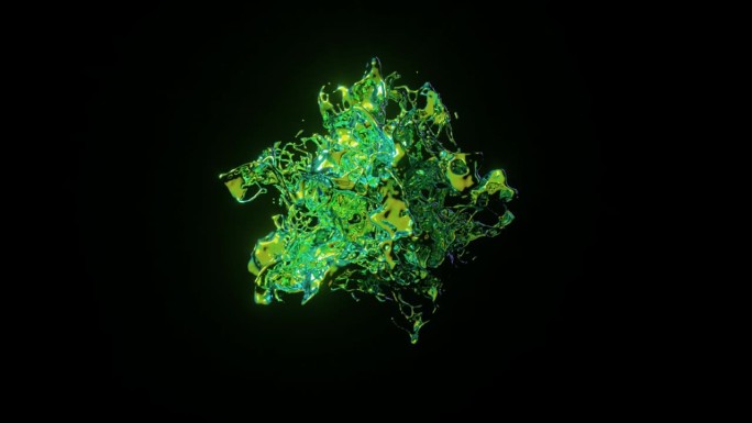 绿色液体爆炸在3D动画，捕捉高细节，动态飞溅对抗鲜明的黑色背景。