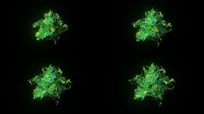 绿色液体爆炸在3D动画，捕捉高细节，动态飞溅对抗鲜明的黑色背景。