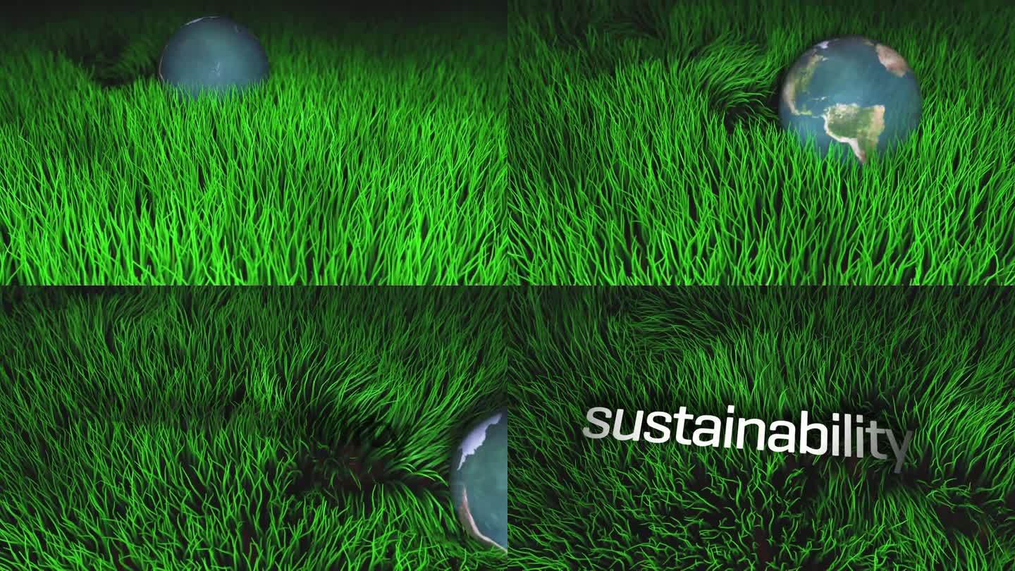 可持续发展的字母在高大的绿色草地上，象征性的地球仪滚动，数字3D动画