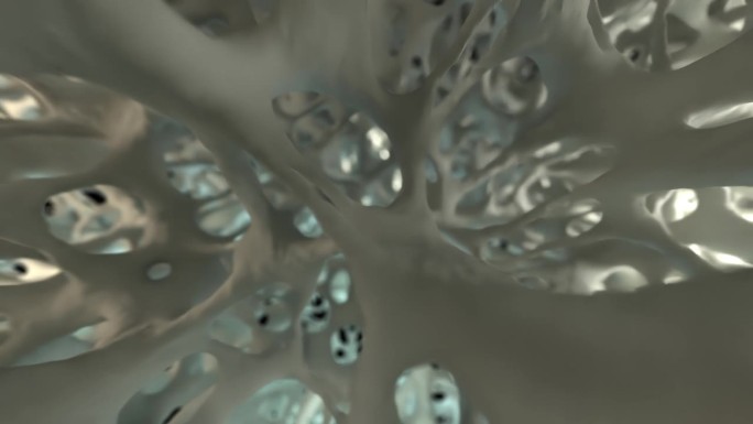 一个3D动画之旅进入健康的，多孔结构的骨组织，类似于高科技的医学成像技术。