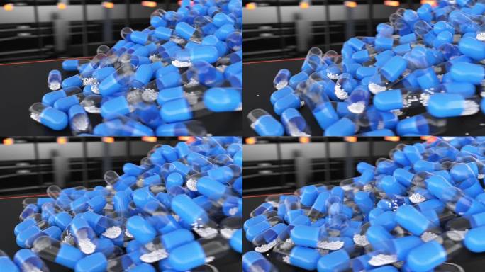 药用蓝色胶囊落在制药厂的传送带上。片剂、丸剂、胶囊的制造工艺。医疗药物。