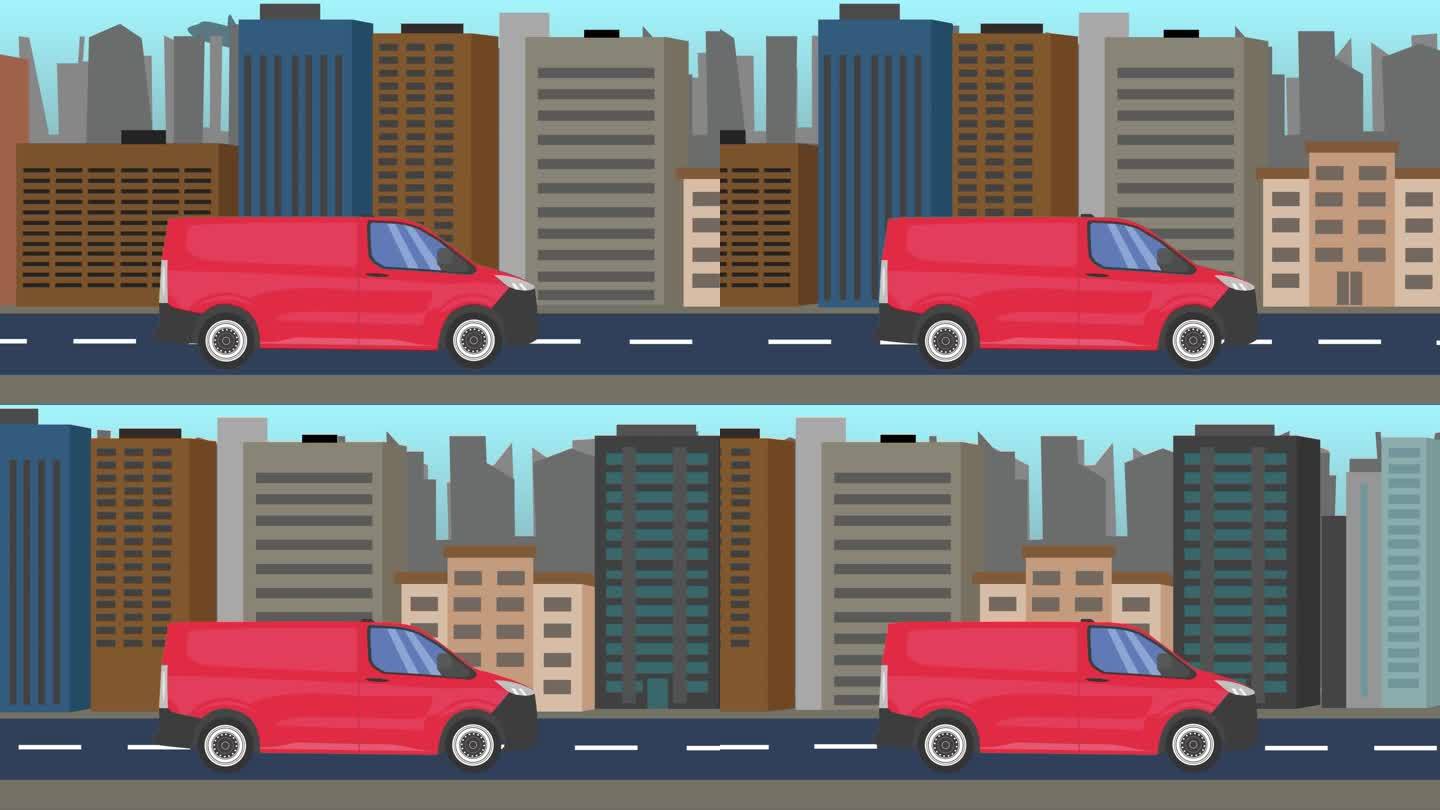 送货车在城市前方的路上行驶，2D平面动画无缝循环