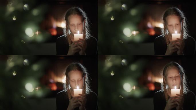 一个十几岁的女孩手里拿着一根燃烧的蜡烛。坐在背景的圣诞树旁，壁炉里正燃着火。在平安夜许个愿
