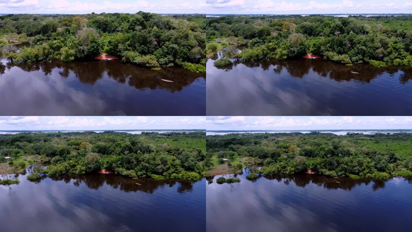 亚马孙盆地中部的里奥内格罗无人机视图。绿色自然和船只