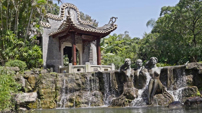 4K实拍，广州天河公园粤晖园喷泉神女雕像