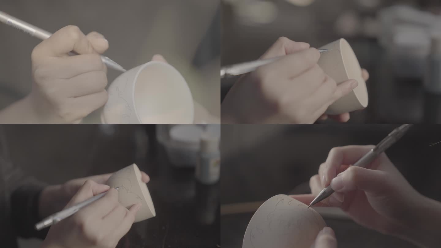 【4K50帧】美女陶艺家在陶瓷胚杯子画画