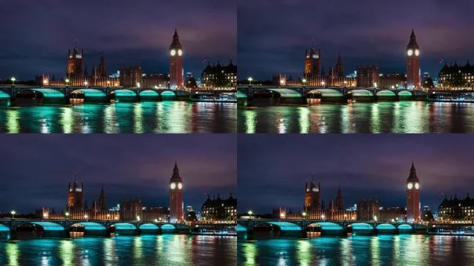 英国伦敦，大本钟和韦斯特米斯特大桥的夜景。