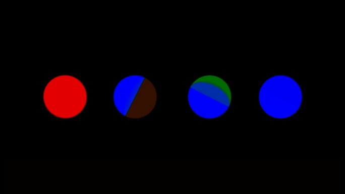 抽象四个相同大小的圆圈在一排闪烁和变化的颜色。运动。黑色背景上明亮的小圆形人物