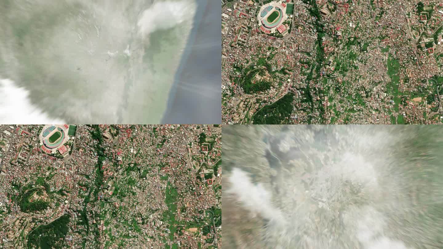 地球从太空放大到马达加斯加的皇后宫殿塔那那利佛。接着是通过云层和大气层进入太空。卫星的视图。旅游介绍
