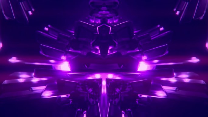 神秘的紫色对称晶体，闪闪发光的分形数字动画与发光的能量流。3d渲染4K