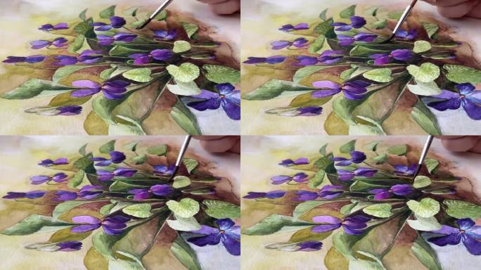 女性手绘水彩画与刷水彩花卉艺术视频。紫罗兰花。绿紫色溢出的颜色。