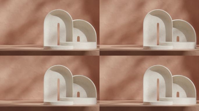 模板模型白色陶瓷纹理讲台与循环无缝阴影动画棕色材质墙，3d素材渲染