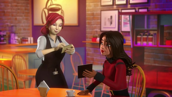 咖啡馆里服务员点菜的场景。3d动画卡通人物。