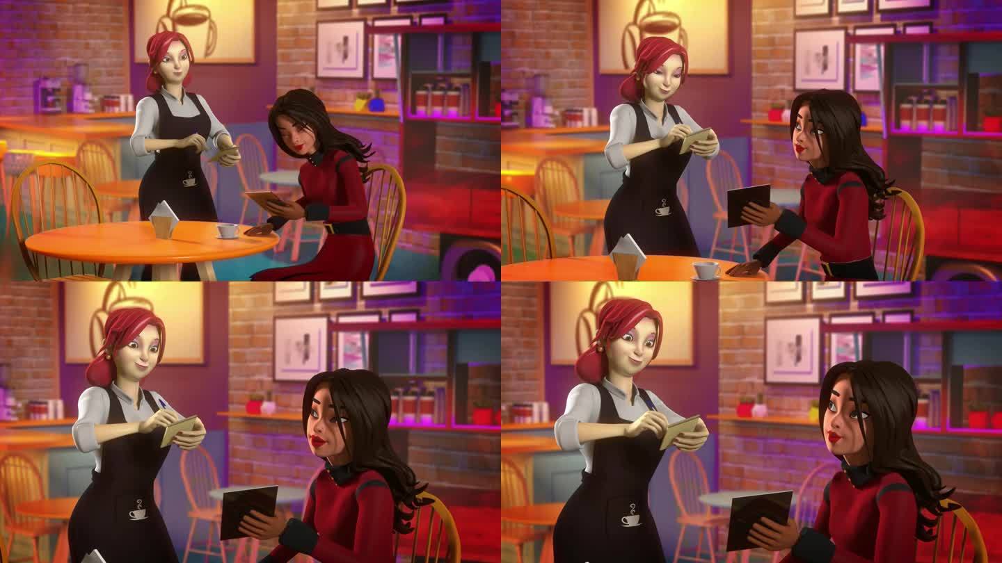 咖啡馆里服务员点菜的场景。3d动画卡通人物。