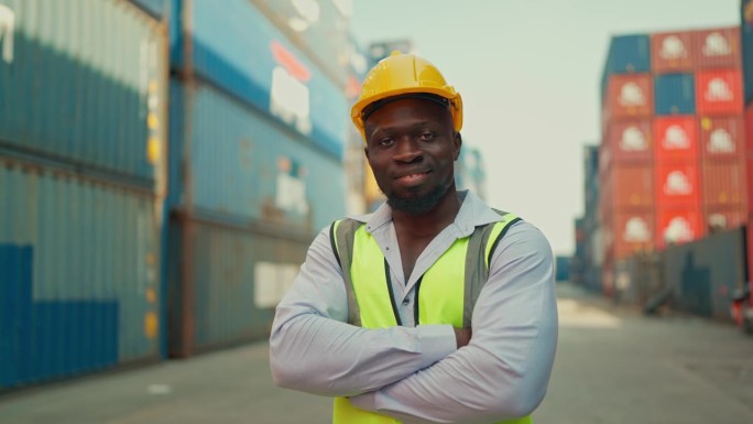 非裔美国黑人工业工程师的肖像，头戴黄色安全帽，身穿安全背心，双手交叉站在集装箱堆场仓库里。船舶进出口