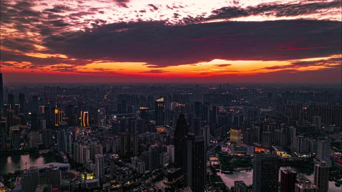 武汉汉口城市地标繁华城区夕阳夜景航拍延时