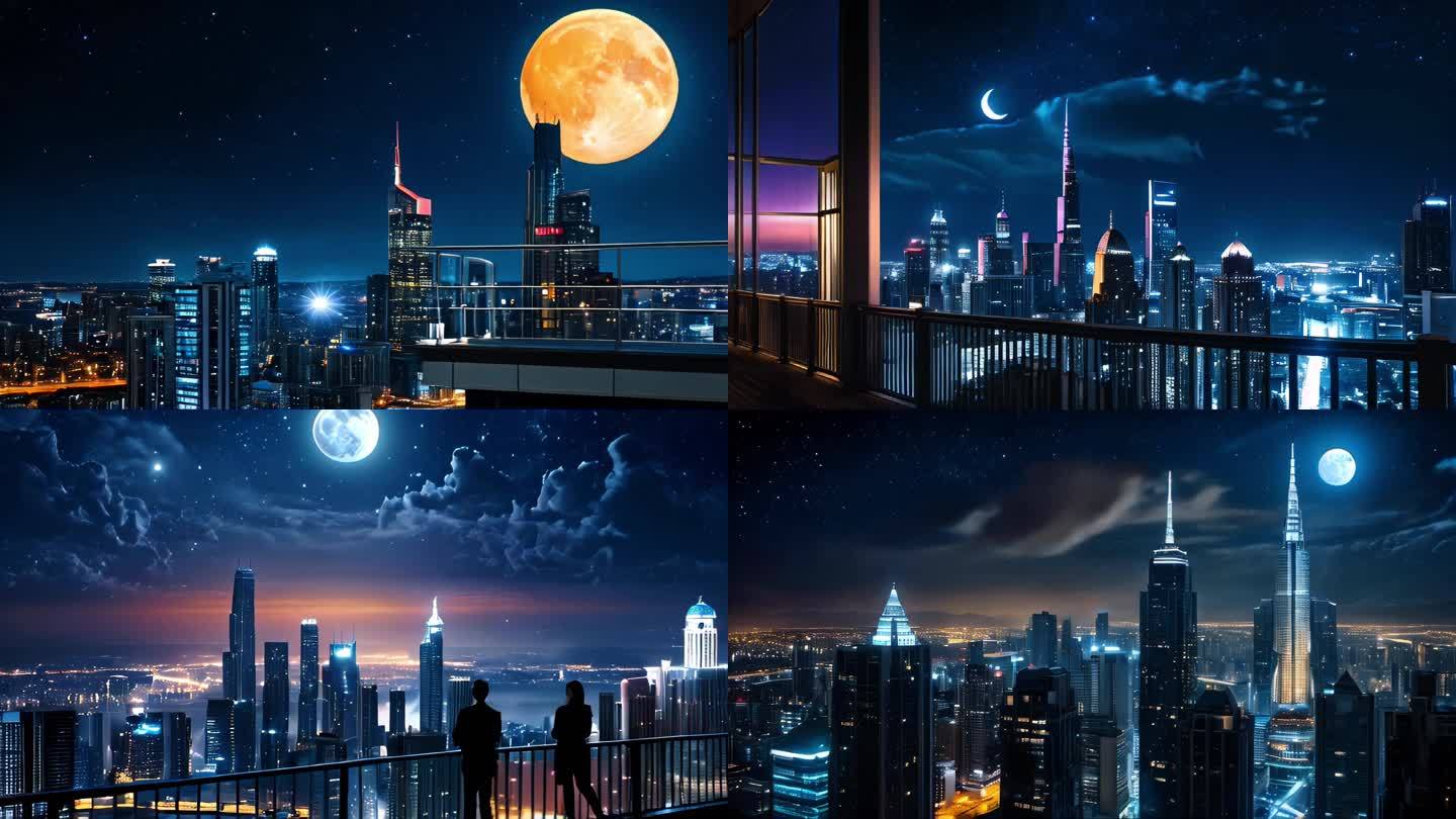 城市月亮天空夜晚夜景抽象氛围舞台背景合集