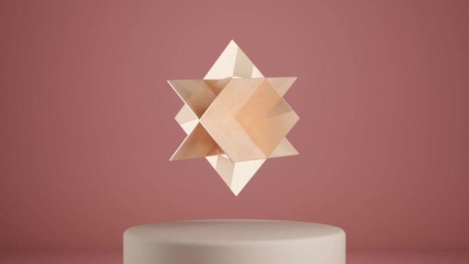 动态几何融合:在圆形基座上旋转的互锁桃色方形板的抽象三维动画