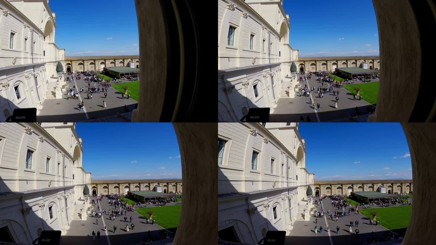 夏日晴朗的日子里，意大利罗马梵蒂冈城，游客在梵蒂冈博物馆皮尼亚庭院参观的电影画面
