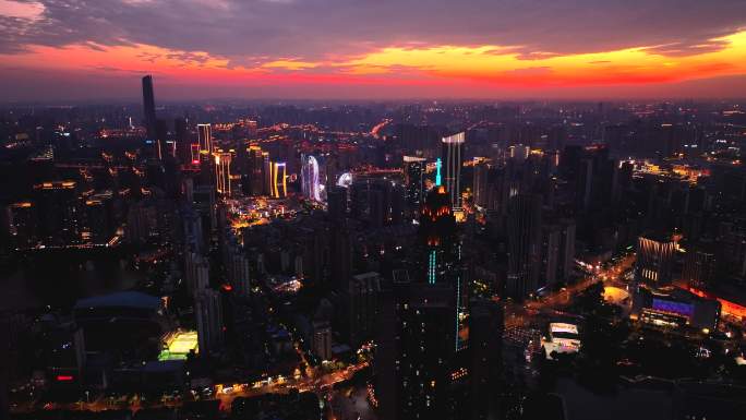 武汉汉口城市地标繁华城区夕阳夜景航拍