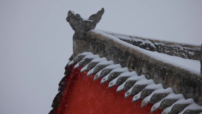 冬天，雪落在中国的屋檐和古建筑上