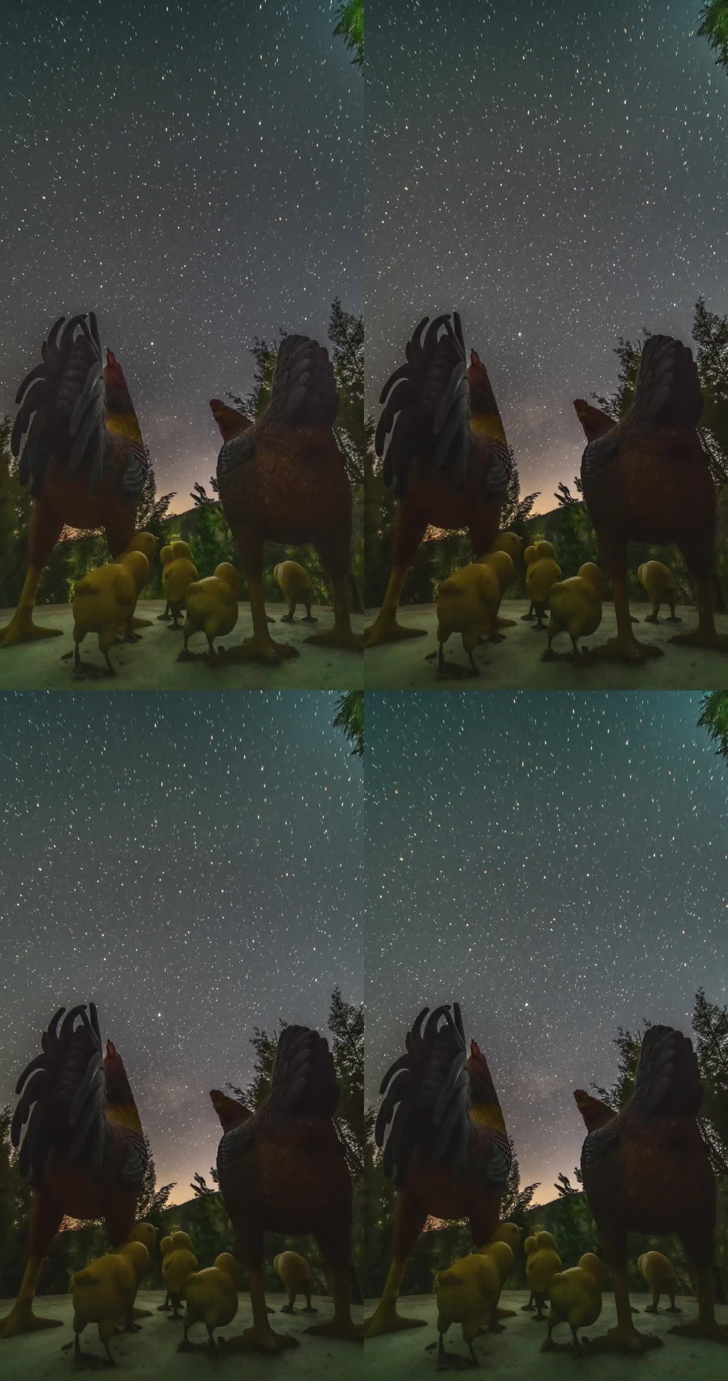 公鸡母鸡雕塑星空星轨延时摄影竖版