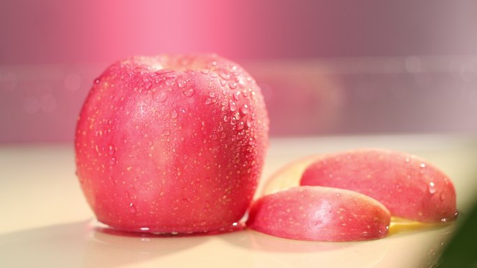 水果 水雾 红苹果高清实拍 升格 绿叶