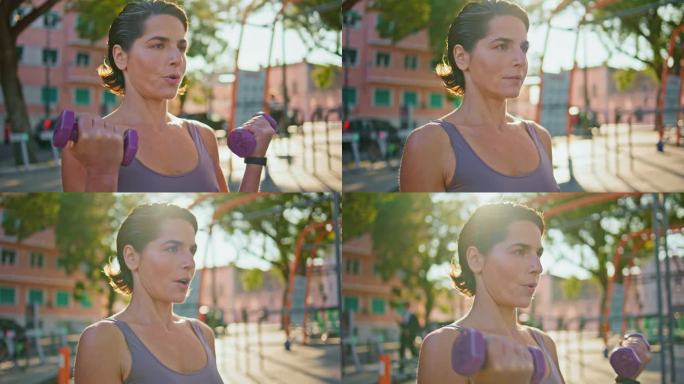 严肃的女运动员在阳光健身房举哑铃特写。体能训练