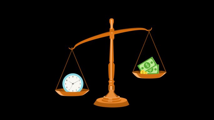 时间和金钱之间的天平时间是金钱概念时间等于金钱动画与Alpha频道。