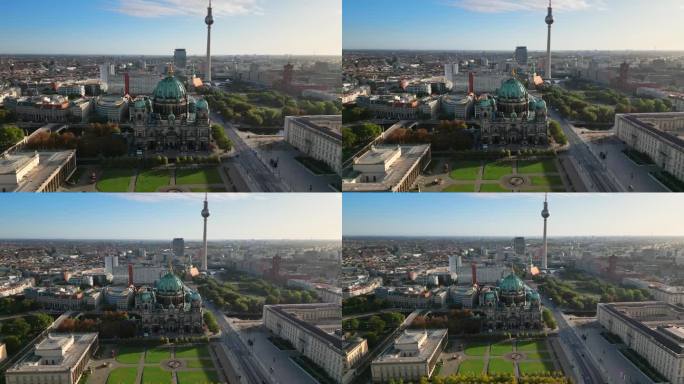 鸟瞰实时镜头的柏林大教堂和电视塔，这是全景，建筑圆顶，柏林，德国