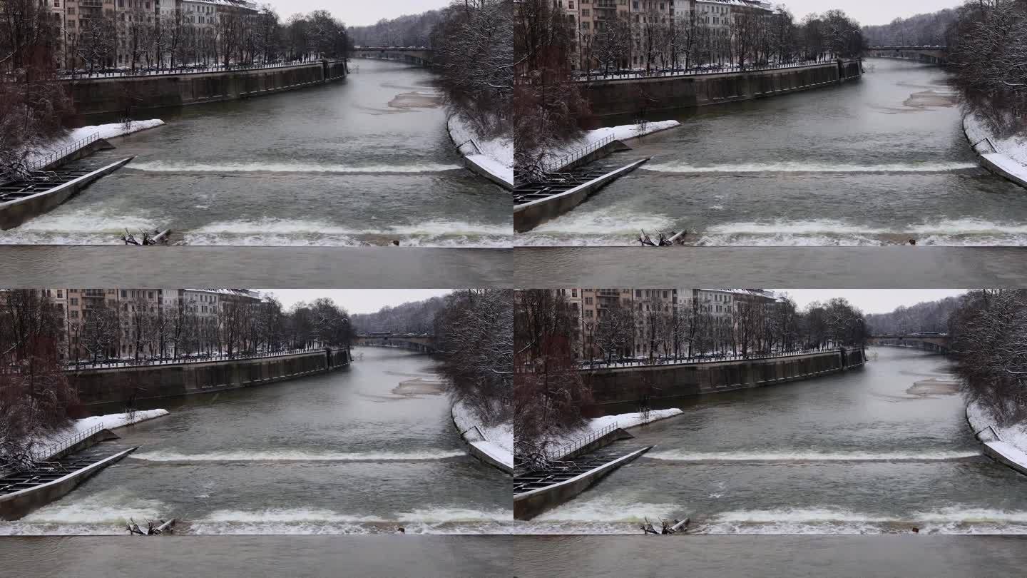 德国慕尼黑伊萨尔河的冬季4k 25fps视频