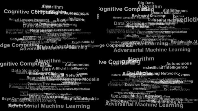 字母人工智能黑色背景概念恐惧和怀疑围绕人工智能算法，机器学习和预测分析中的神经网络