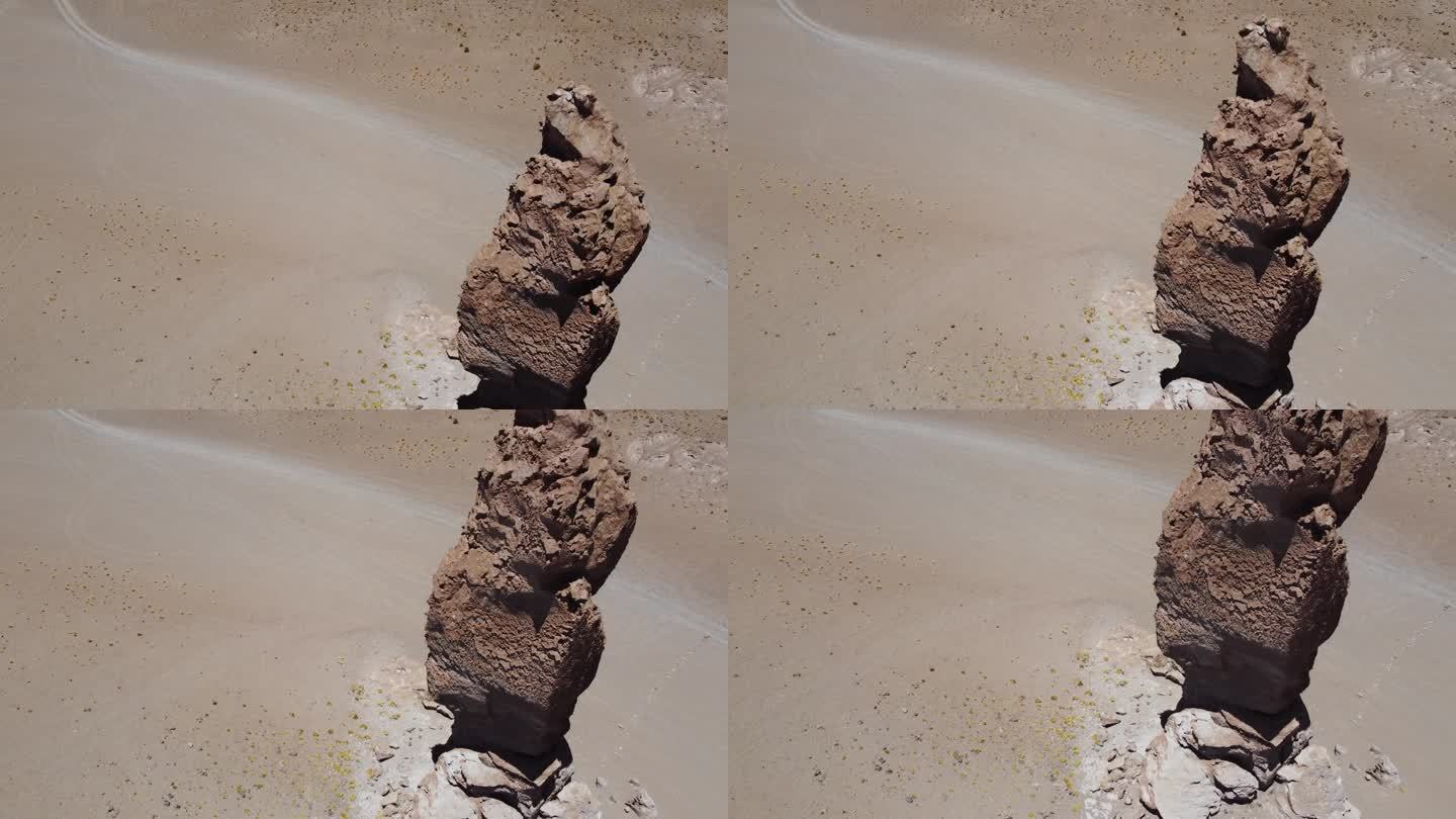 摄像机俯视着智利阿塔卡马沙漠拉帕卡纳火山口的高大岩柱