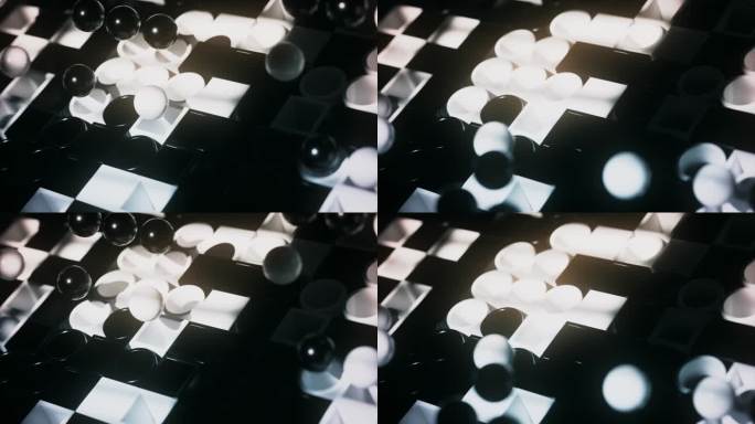 单色球体漂浮在棋盘上方，创造出阴影和光线的3D游戏。