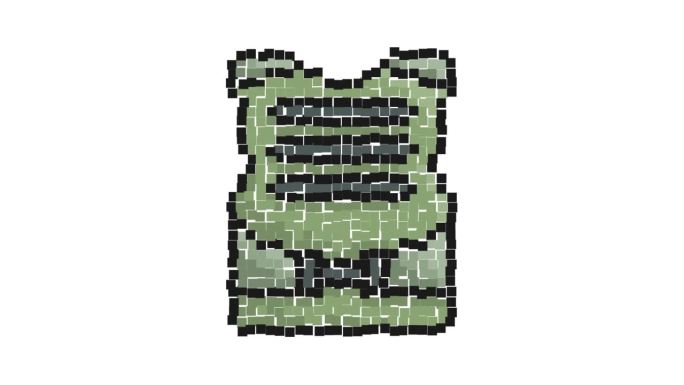 动画像素图标。士兵防弹衣。战斗中保护士兵胸部的装备。简单的复古游戏循环视频孤立在白色上