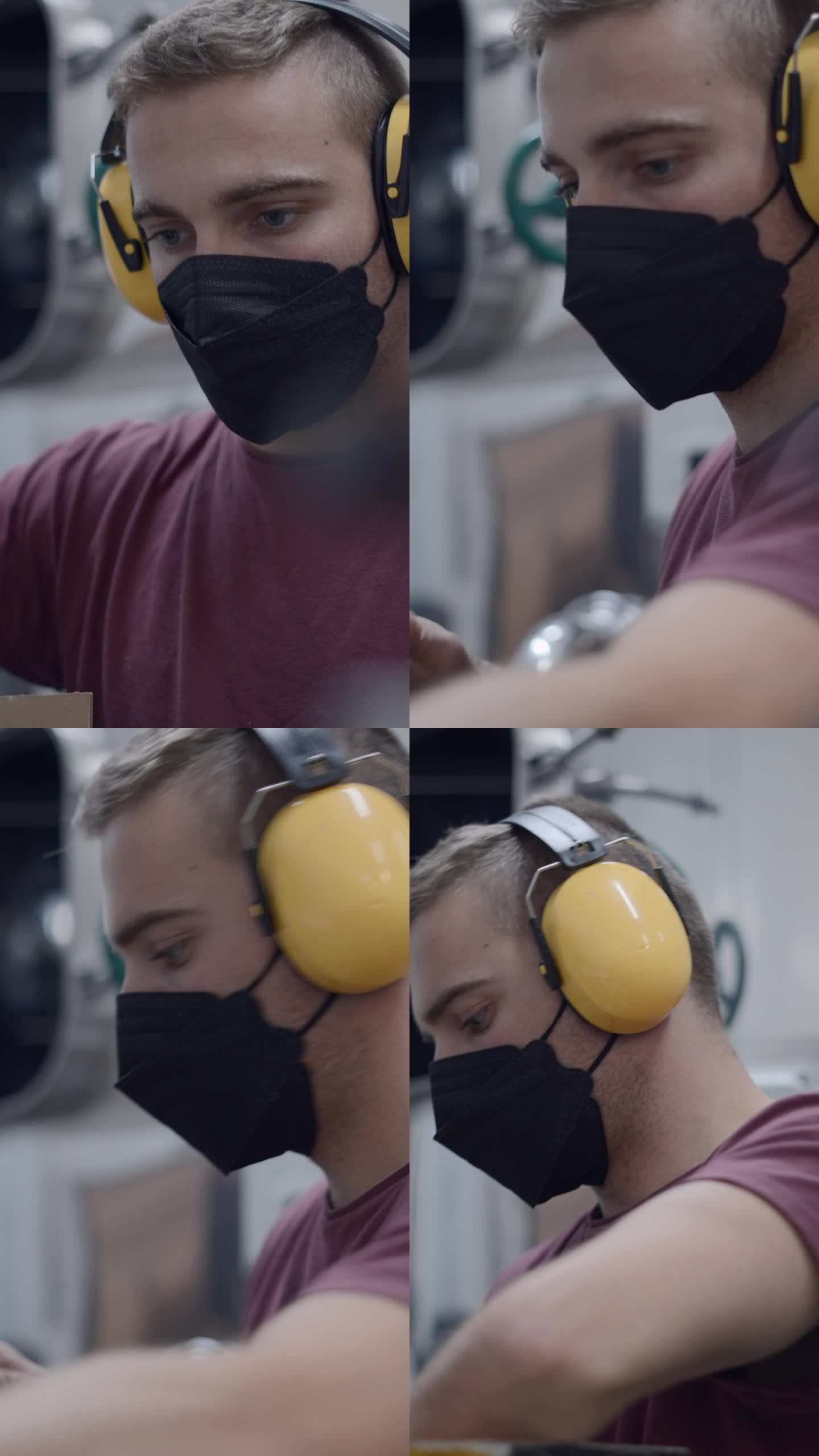 一位戴着降噪耳罩和口罩的年轻工人，正在往一盒罐装啤酒里装啤酒。媒介特写