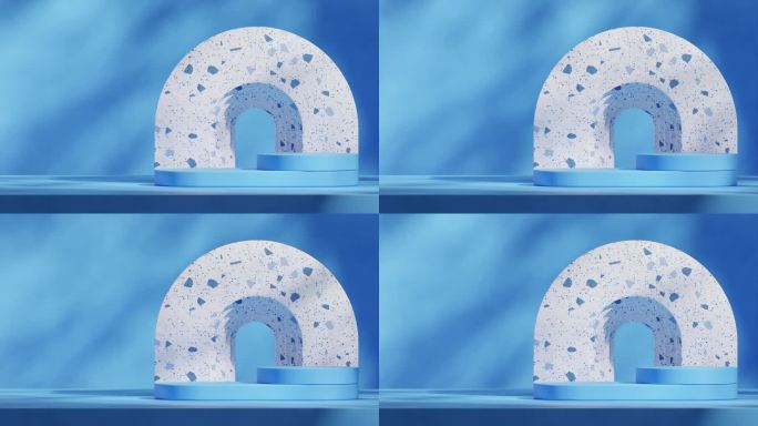 白色水磨石图案拱门在3d渲染素材的空白模型明亮的蓝色圆柱平台无缝循环阴影动画