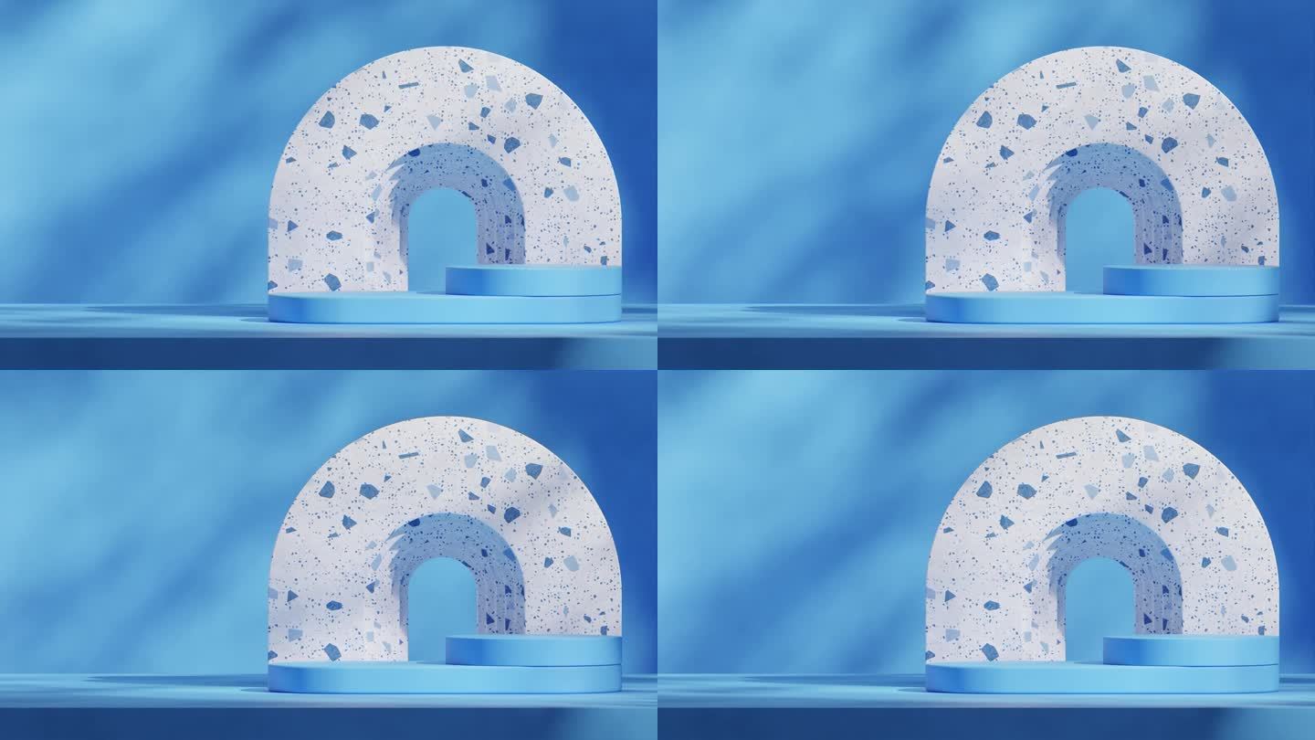 白色水磨石图案拱门在3d渲染素材的空白模型明亮的蓝色圆柱平台无缝循环阴影动画