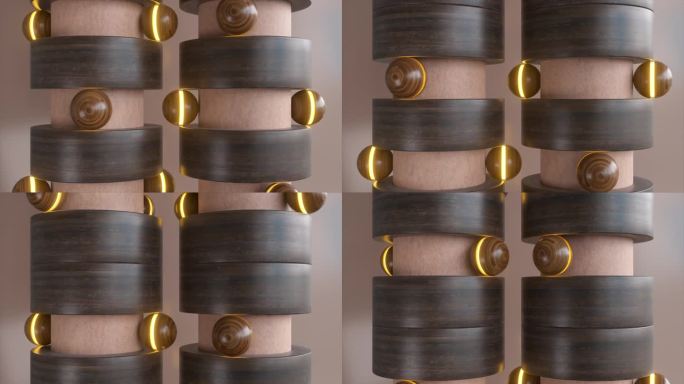 质朴的木制圆柱体的3D动画突出了发光的金色戒指，结合了有机纹理和一丝奢华。